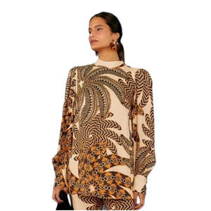 FARM RIO Sand Yawanawa Banana Viscose Balloon Sleeve Blouse Cream Brown XL